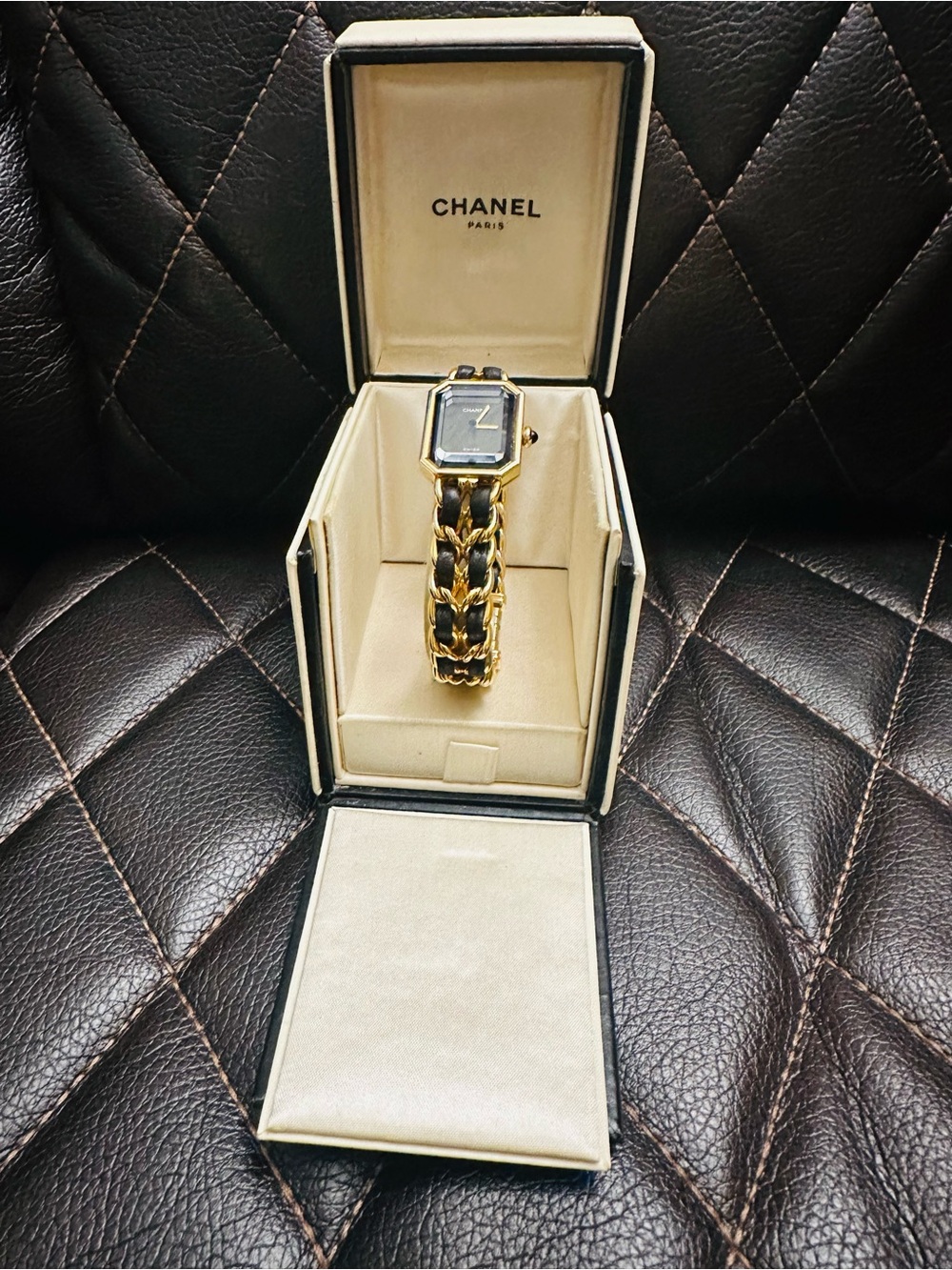 CHANEL Gold and Black Chain Bracelet Watch